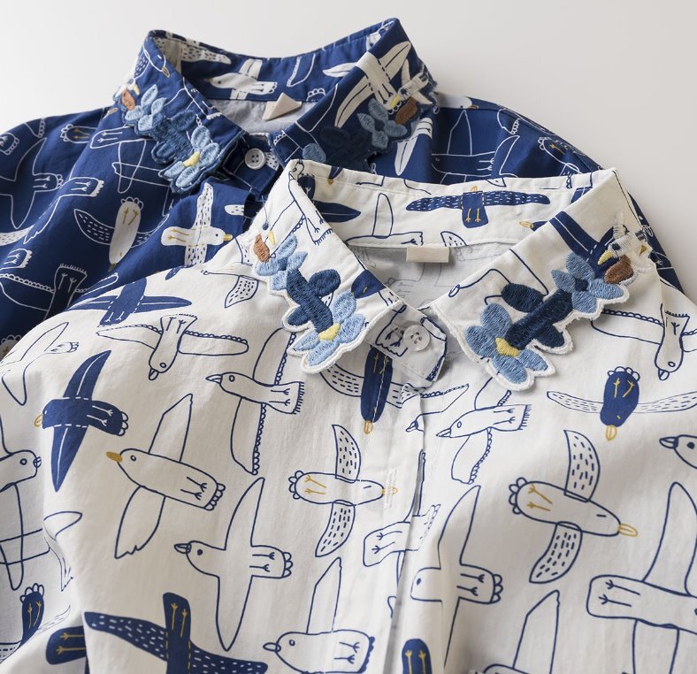 *:.*: .レディース長袖シャツ 可愛いカモメ柄 衿刺しゆういり 綿100%素材 肌触りいい 通気性いい トップス ブラウス 紺色_画像4