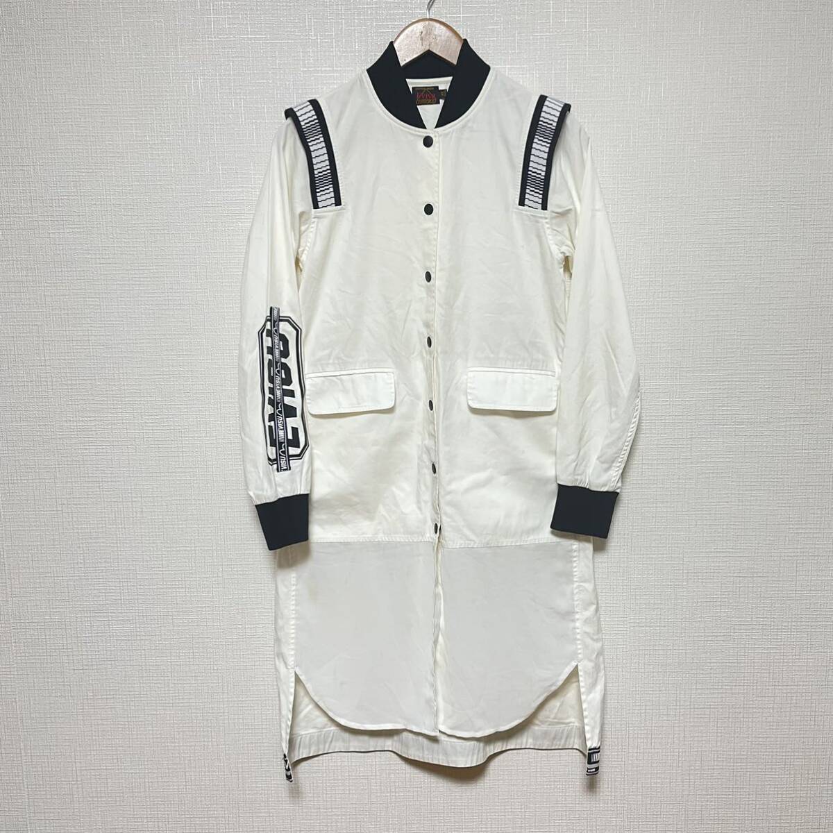 希少 初期 ハウスタグ◎★Evisu エビス★異素材 切替 前開き ロング シャツ ブルゾン タイト ワンピース チュニック 長袖 アウター XS/221
