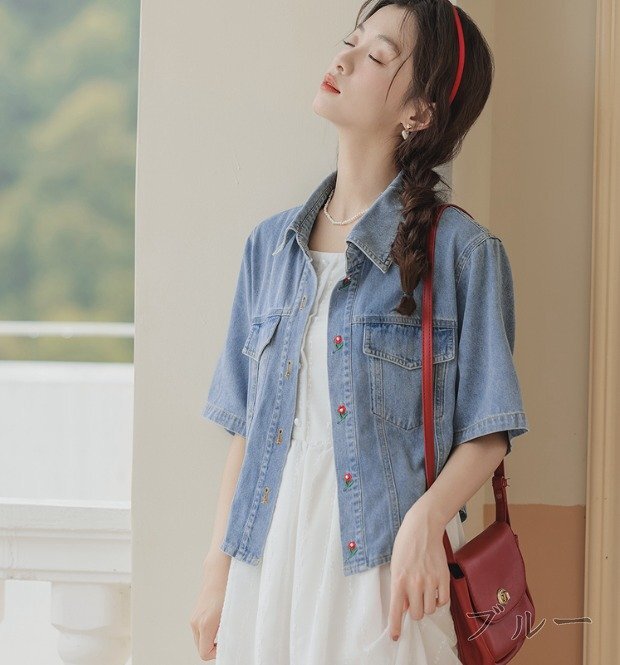 G Jean denim jacket jeans short sleeves switch body type cover put on .. Denim simple L blue 