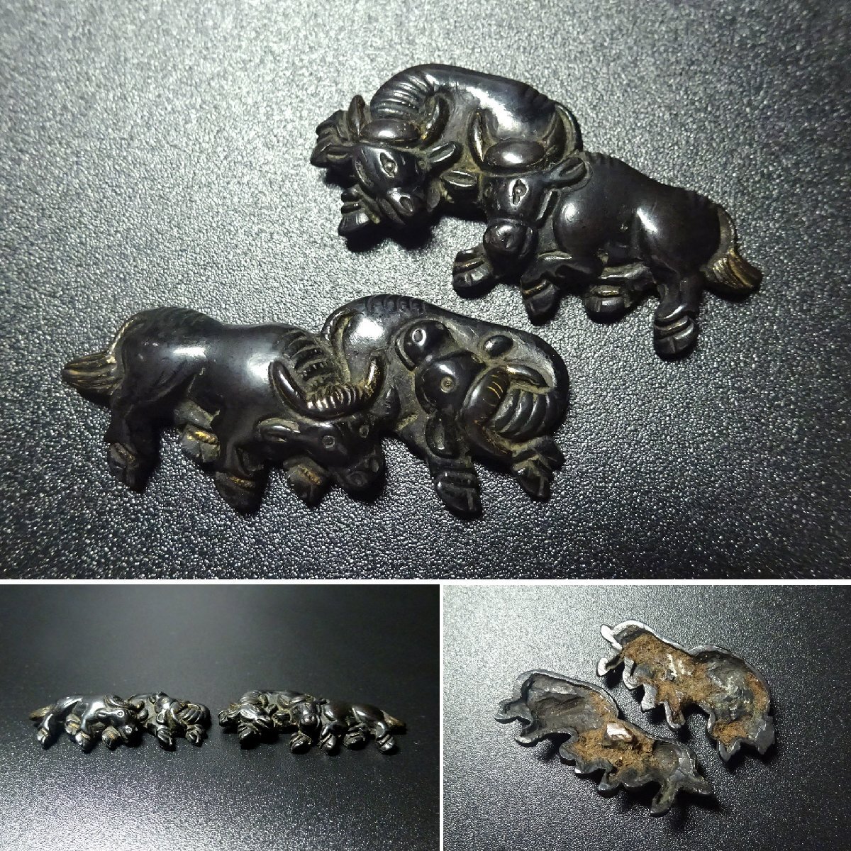秀逸 刀装具 二疋牛図目貫 無銘 赤銅地 容彫 金色絵 侍 SAMURAI TSH25　 【検 鐔鍔縁頭小柄笄