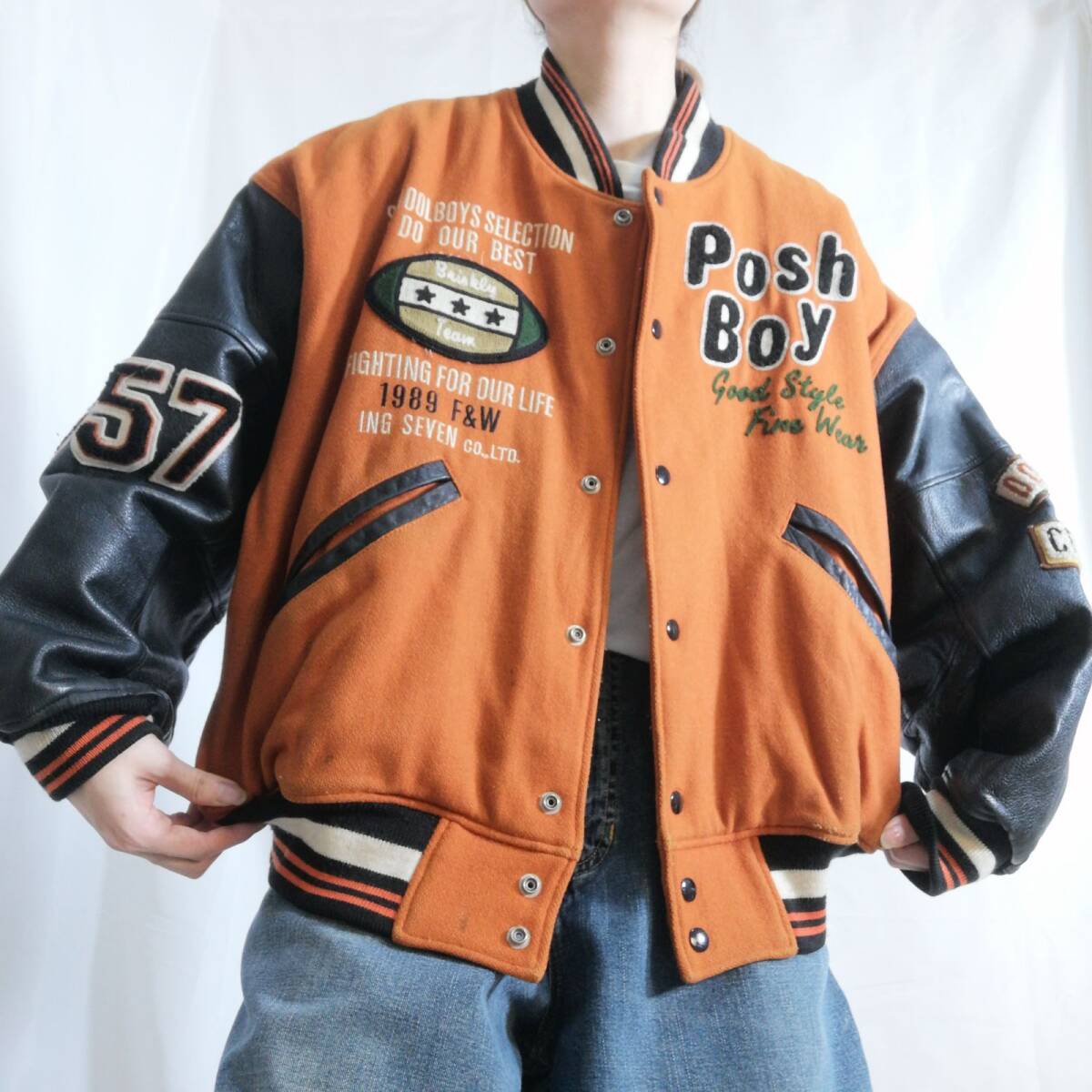 古着 80s 90s POSH BOY 袖レザー ウールスタジャン アワード 古着 80s 90s POSH BOY 袖レザー ウールスタジャン アワード
