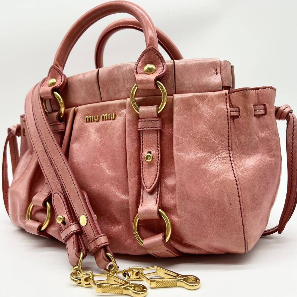 ●高級●MIU MIU ミュウミュウ 2way リボン ハンドバッグ ショルダーバッグ 鞄 かばん ゴールド金具 本革 レザー レディース ピンク
