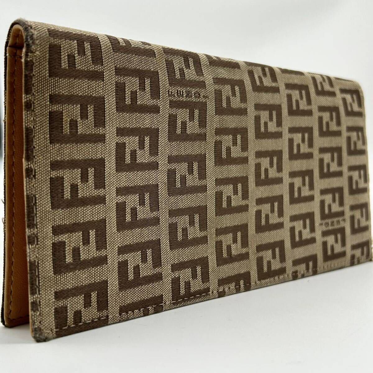 ●高級●FENDI フェンディ 長財布 折り ウォレット ズッキーノ FFロゴ 本革 レザー キャンバス 茶 ベージュ