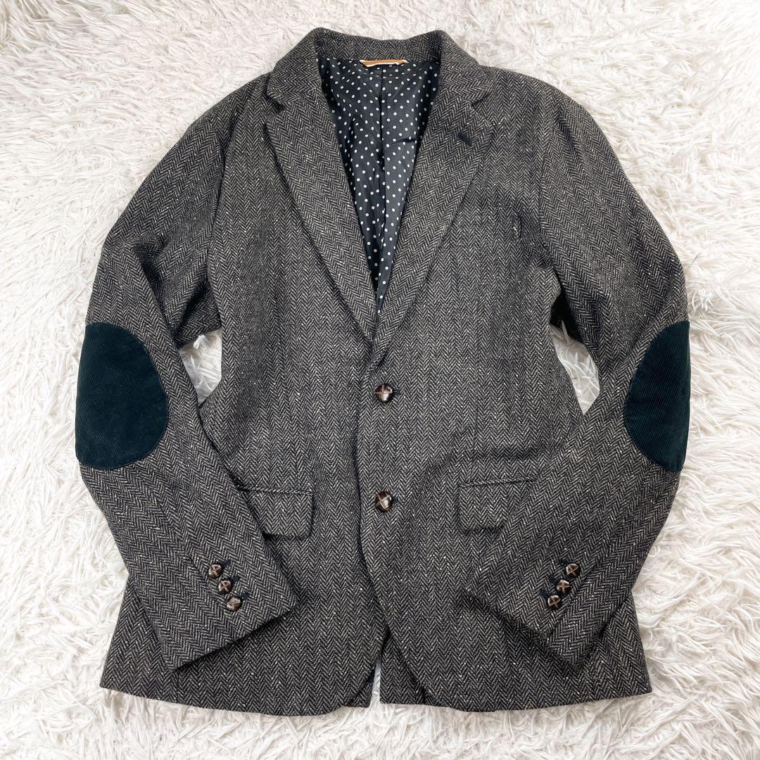 【最高級】OXFORD オックスフォード　ヘリンボーン　くるみ　エルボー　L テーラード　ジャケット　ドット柄　レザー　紳士服　メンズ