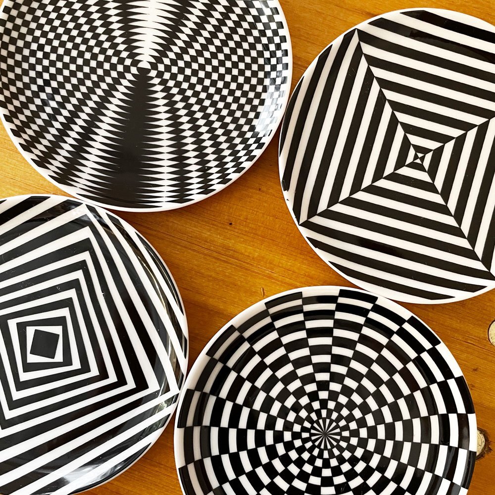 * Jonathan Ad la-JONATHAN ADLER керамика Coaster 4 шт. комплект геометрический рисунок Φ10cm с ящиком America негодный номер 