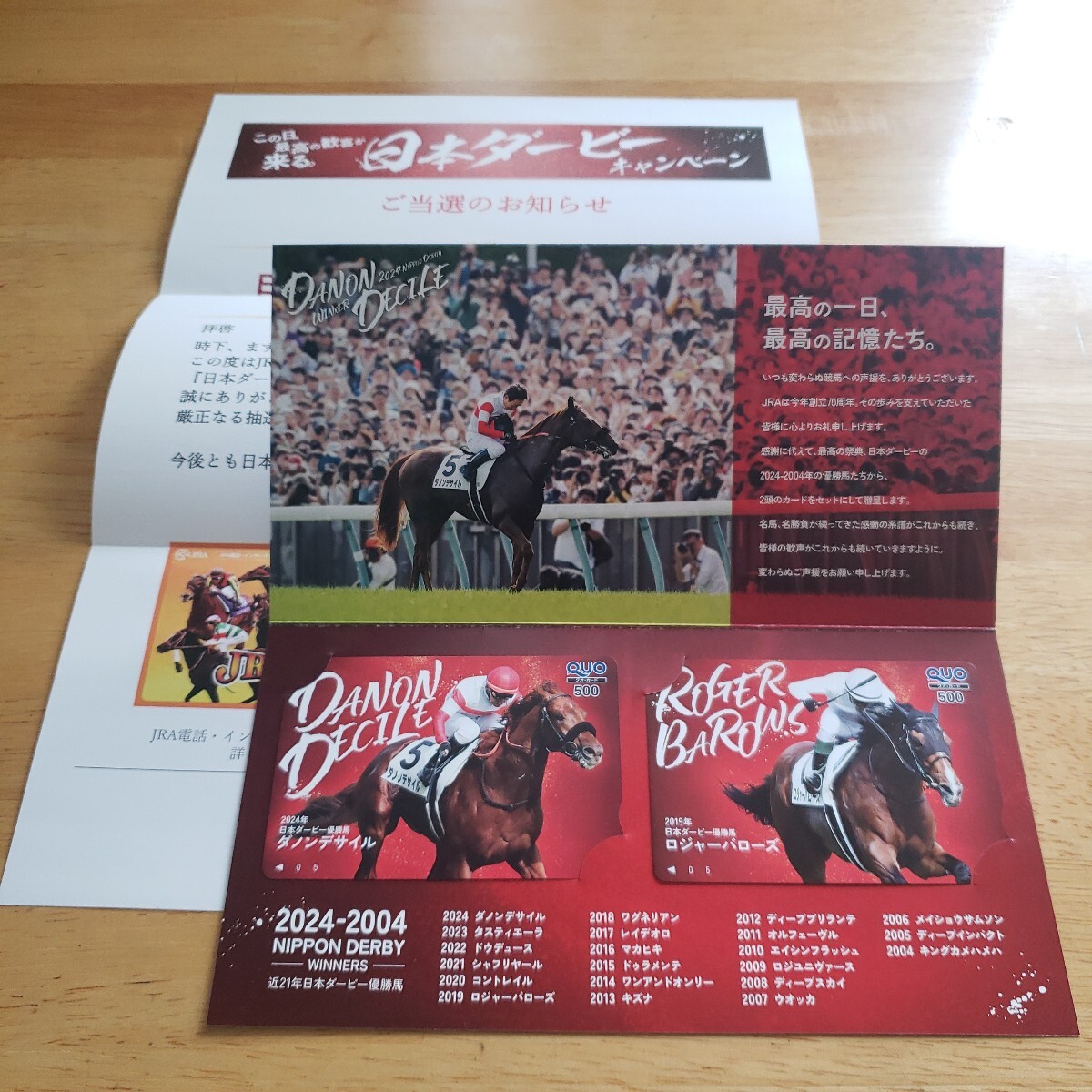 JRA 日本ダービーキャンペーン B賞 QUOカード ダノンデサイル ロジャーバローズ