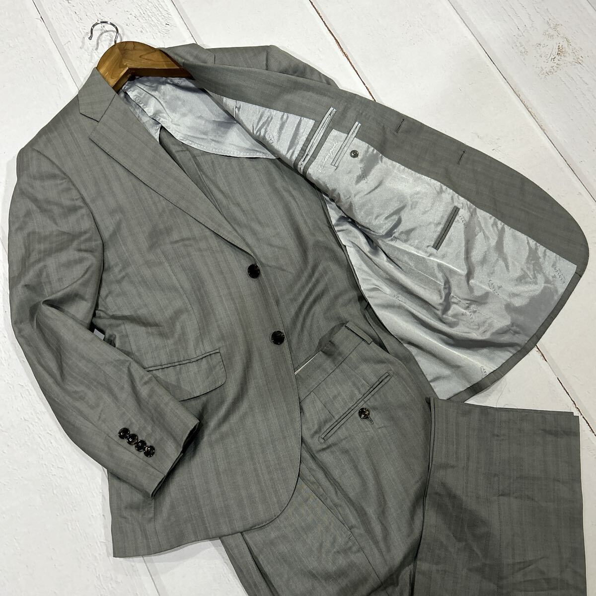 XX ■ 高級ライン '日本製' LANVIN COLLECTION ランバン コレクション SILK × WOOL ストライプ柄 スーツ 上下 セットアップ 48R 紳士服 