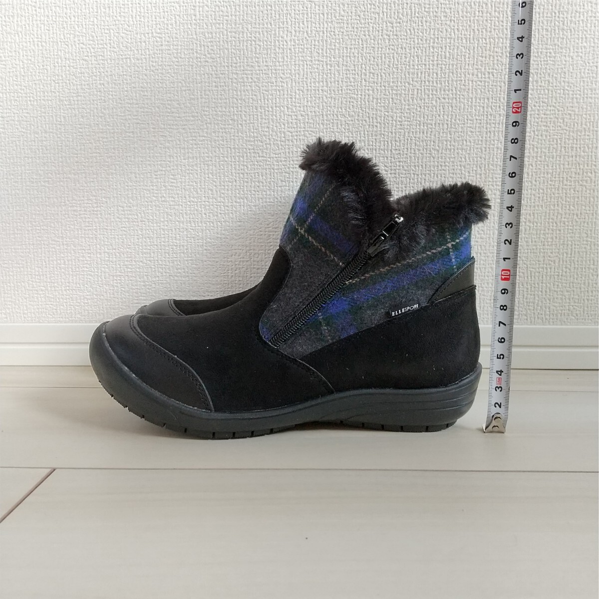 (727)ELLESPORT black × blue check short boots (24.0cm)