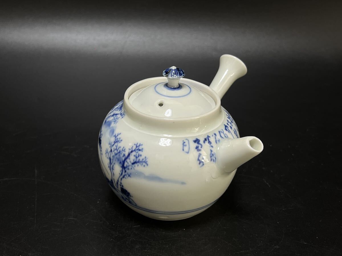 送料無料 明治~大正時代 青備前急須 煎茶道具 煎茶道具 染付 京焼 青華 如阿弥 急須 茶注 山水風景図 横手