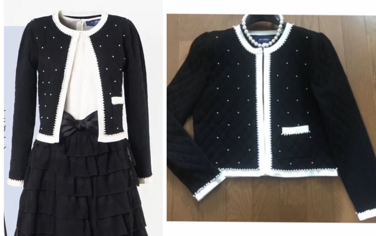 ◆エムズグレイシー◇美品綺麗♪2020秋インスタ掲載♪小さなパールが華やか！大人綺麗めノーカラーニットカーディガン 40◆ブラック