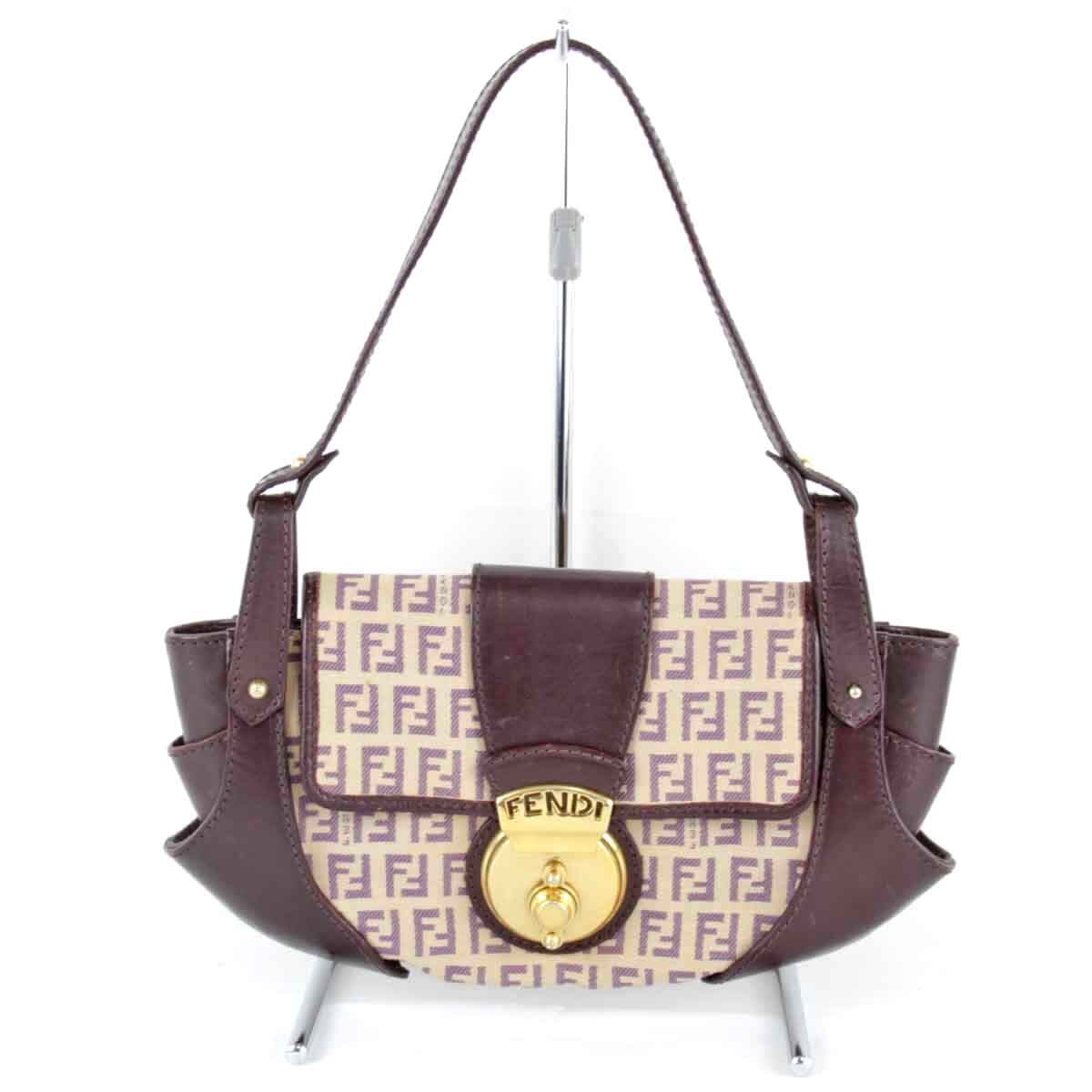 『USED』 FENDI フェンディ ズッキーノ ハンドバッグ ダークパープル キャンバス/レザー