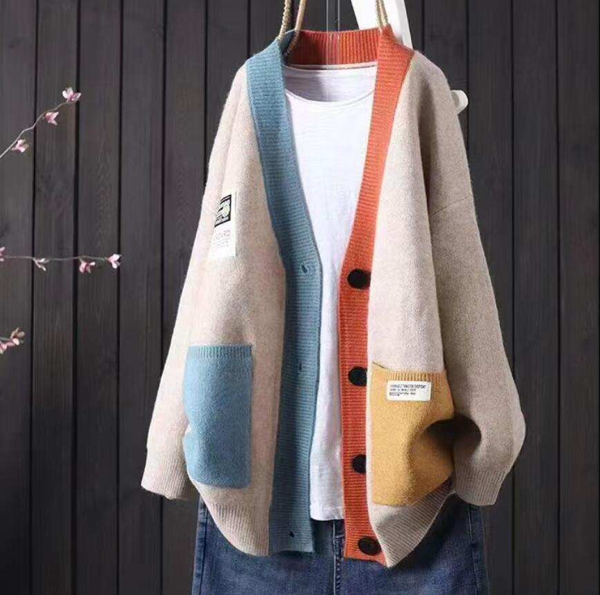 秋新品*配色 ニットカーディガン レディース セーター トップス 長袖 厚地 暖かい 羽織り カジュアル 通勤 お出掛け アウター*ベージュ