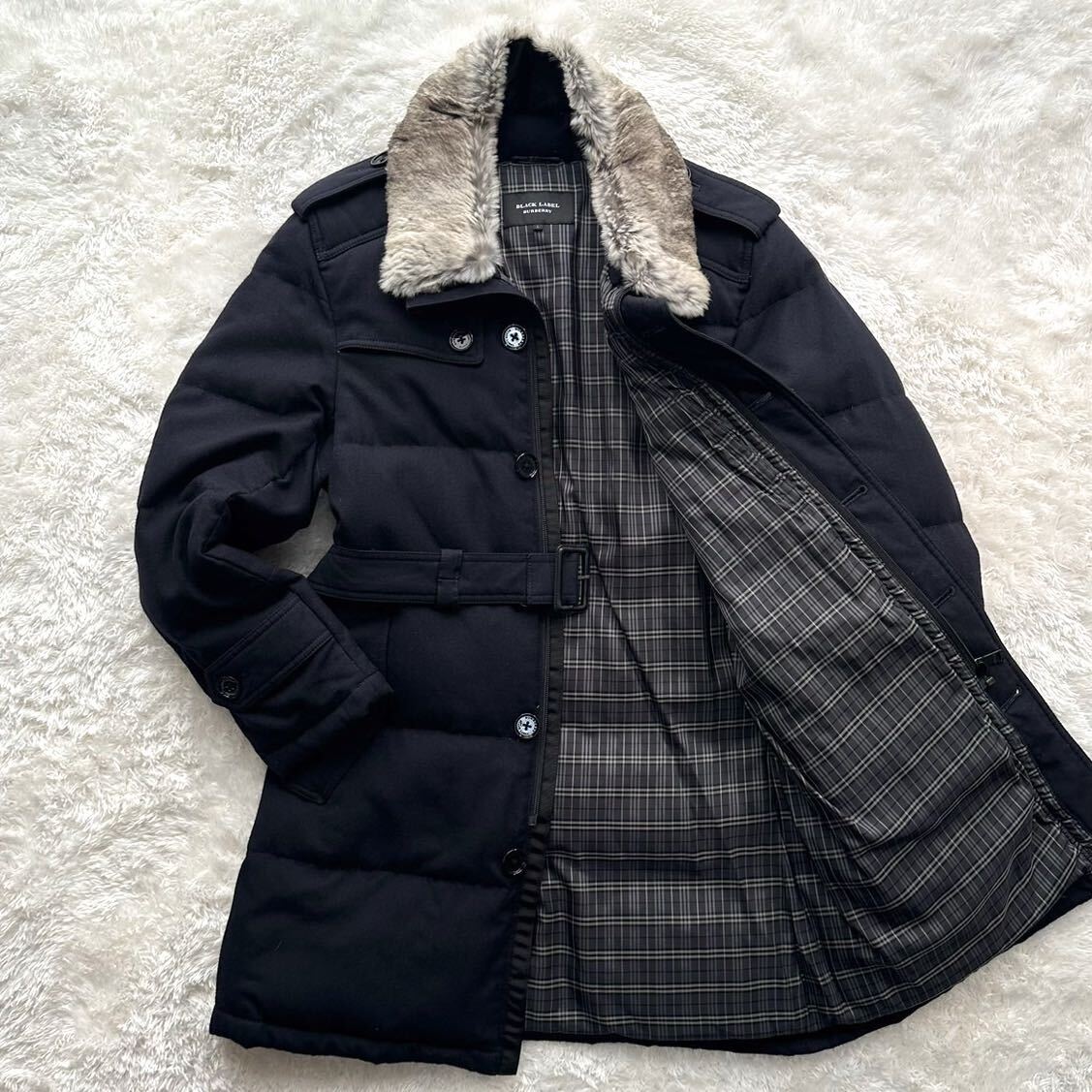 極美品，Lサイズ●バーバリーブラックレーベル ダウンコート ロング ジャケット BURBERRYBLACKLABEL ノバチェック ホワイトグース ファー