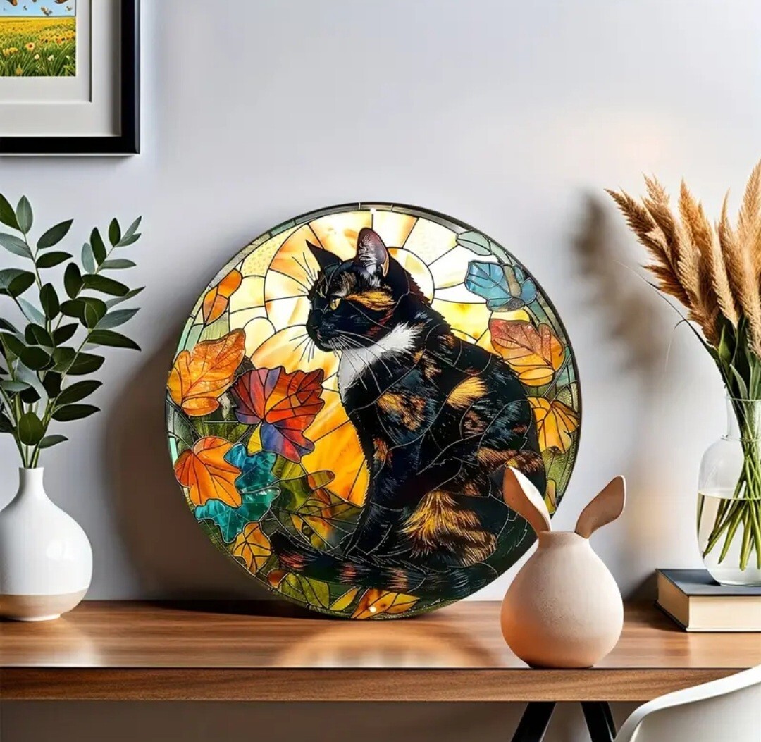 猫の壁飾り メタルウォールアート サビ猫と花B ステンドグラス 猫の壁飾り メタルウォールアート サビ猫と花B ステンドグラス