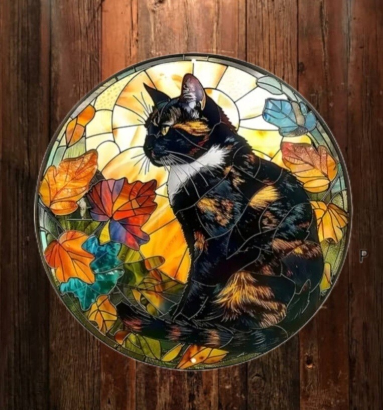 猫の壁飾り メタルウォールアート サビ猫と花B ステンドグラス 猫の壁飾り メタルウォールアート サビ猫と花B ステンドグラス