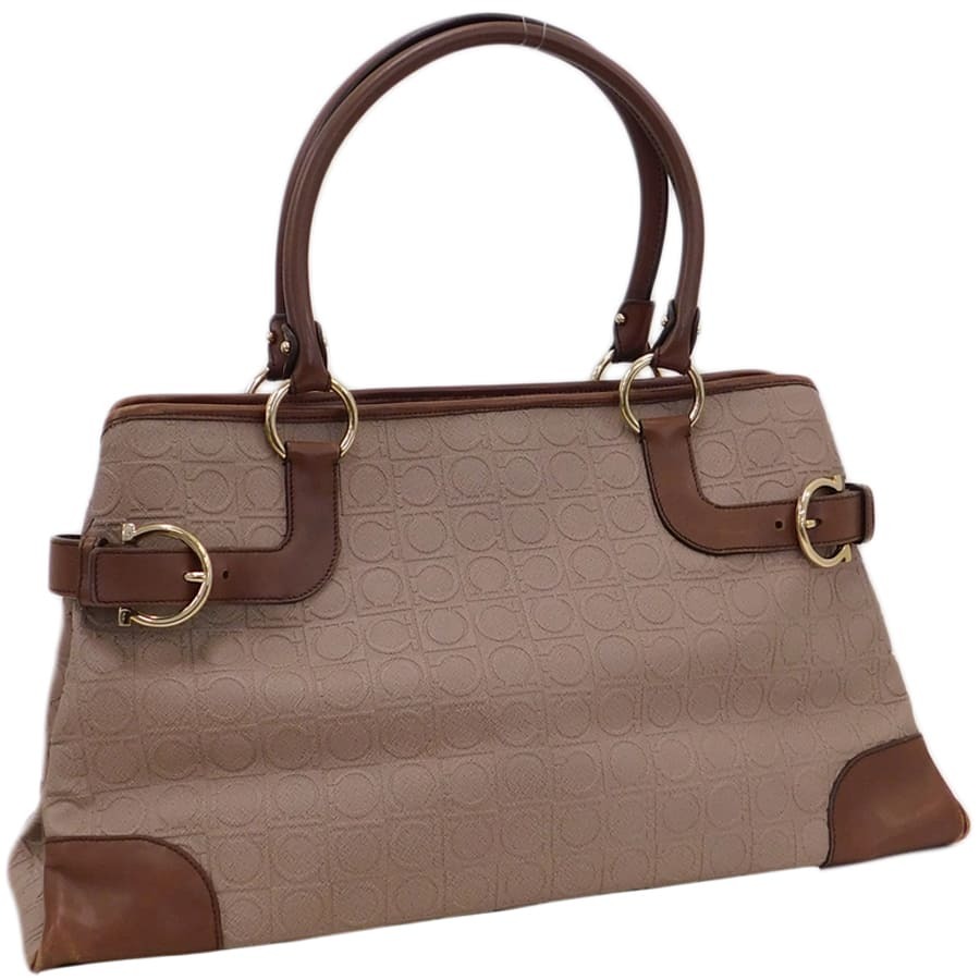 1円 ■ フェラガモ ハンドバッグ AU-21 4906 ブラウン系 レザー ガンチーニ柄 通勤 Salvatore Ferragamo ■E.Bgml.lA-17