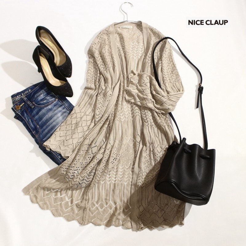 美品 ナイスクラップ NICE CLAUP 可愛い ♪ 羽織れる ♪ ワンピース丈 レース編み ロングニットカーディガン F ベージュ