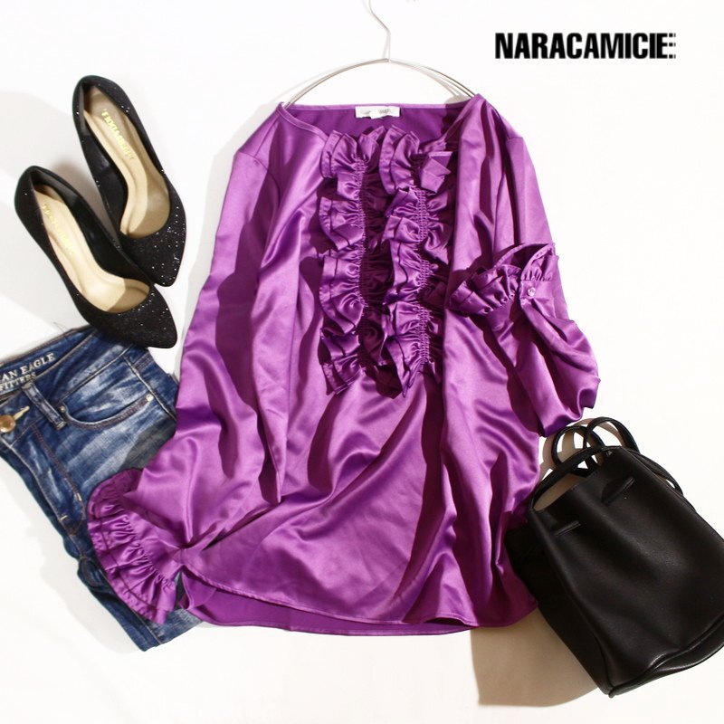 美品 ナラカミーチェ NARACAMICIE 艶 洗練 綺麗め 上品 長袖 ボリューム フリルブラウス フリル カットソー 0 S パープル 紫