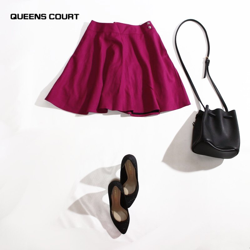 美品 クイーンズコート QUEENS COURT 可愛い 秋 冬 派手 きれい色 膝丈 ウールスカート フレアスカート 9号 2 マゼンタピンク ウール 毛