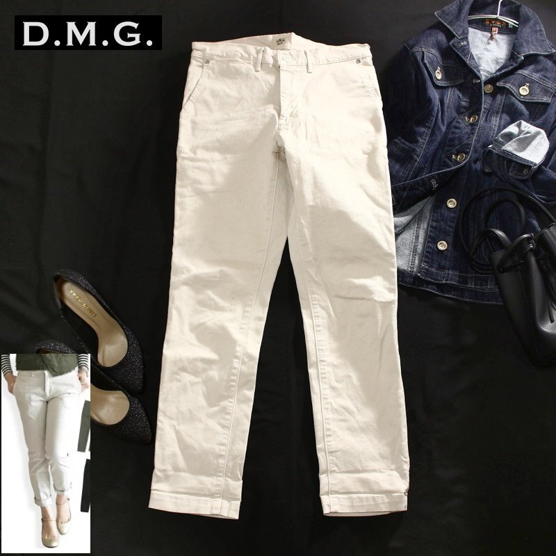 美品 ドミンゴ DMG コンパクトチノ アンクルスリム ストレッチトラウザー クロップドパンツ (13-763t) S アイボリー ホワイト 白
