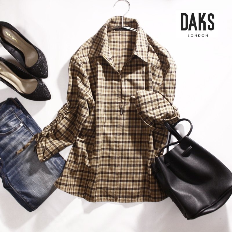 美品 正規(guī) ダックス DAKS チェック柄 シャツ生地 コットン ギャザースリーブ フルジップアップ ジャケット 羽織 9號(hào) 9R ベージュ ミセス