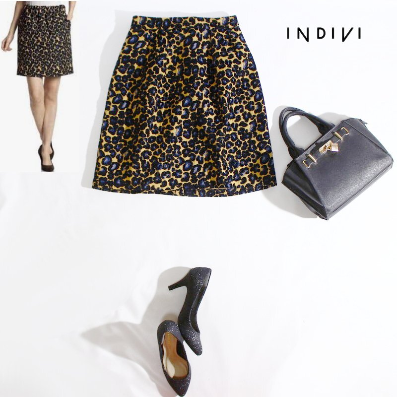 美品 インディヴィ INDIVI 株) ワールド 秋 冬 上品 レオパード ジャガード 厚みあり Aライン スカート 9号 38 イエロー ベージュ ブラック