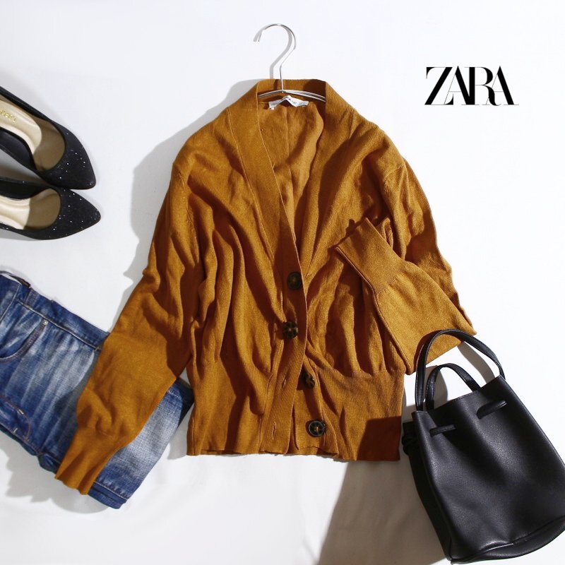美品 ZARA knit ザラ ニット 合物 秋 冬 春 ストレッチ レーヨン Vネック ゆったり ニットカーディガン S くすみ オレンジ