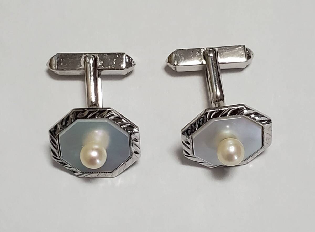 SILVER　シルバー刻印　真珠　パール　貝殻　カフスボタン　メンズ　9ｇ　美品_画像3