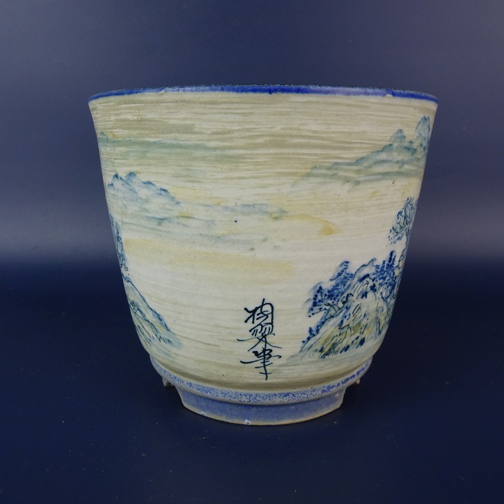 [ used ] bonsai pot .. small size long side approximately 12cm circle pot blue and white ceramics landscape painting .. for reality goods used pot 