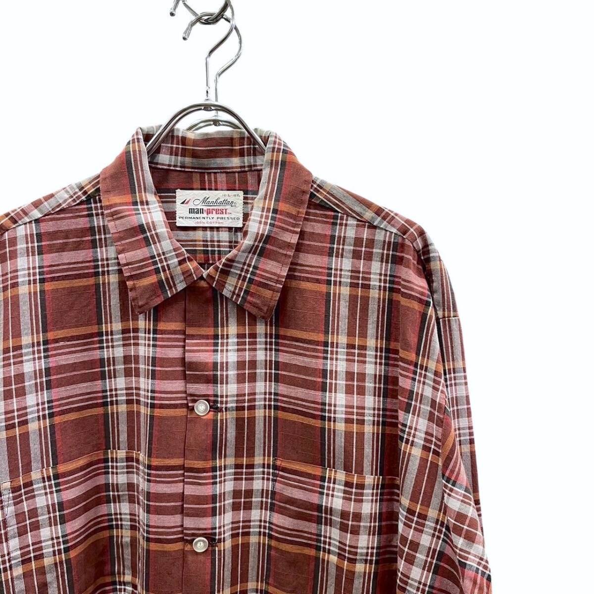 70s ビンテージ Manhattan コットン チェックシャツ 開襟 16 1/2 70s ビンテージ Manhattan コットン チェックシャツ 開襟 16 1/2