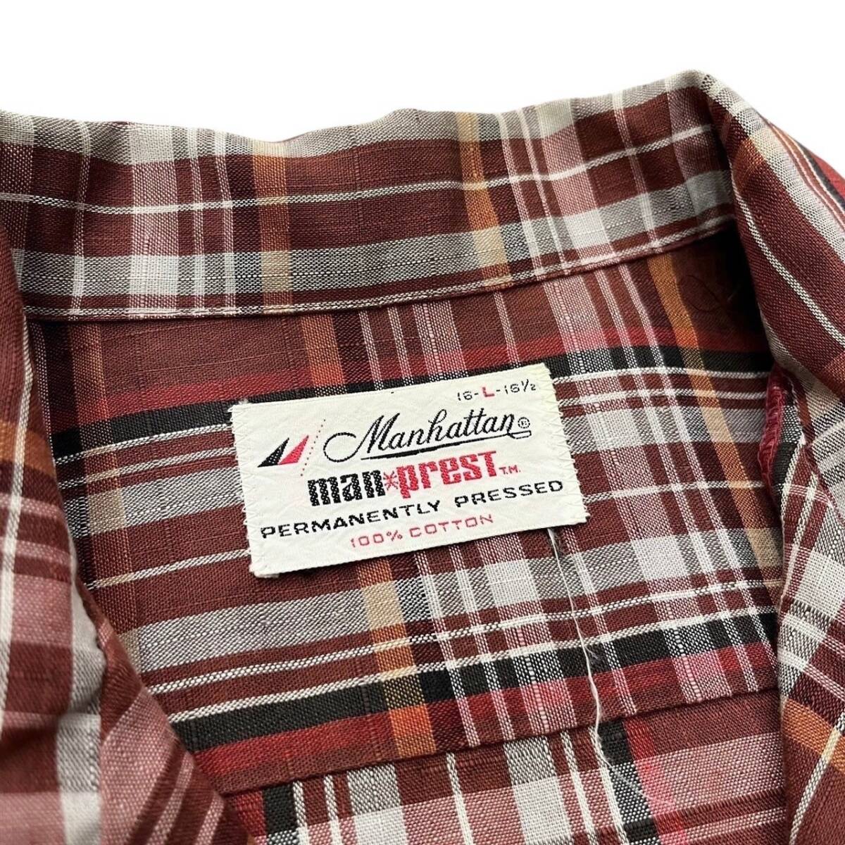 70s ビンテージ Manhattan コットン チェックシャツ 開襟 16 1/2 70s ビンテージ Manhattan コットン チェックシャツ 開襟 16 1/2
