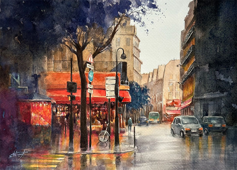 水彩アート「雨のパリ Ⅰ」1点物、真筆 (絵画 フランス 風景画 水彩アート「雨のパリ Ⅰ」1点物、真筆 (絵画 フランス 風景画