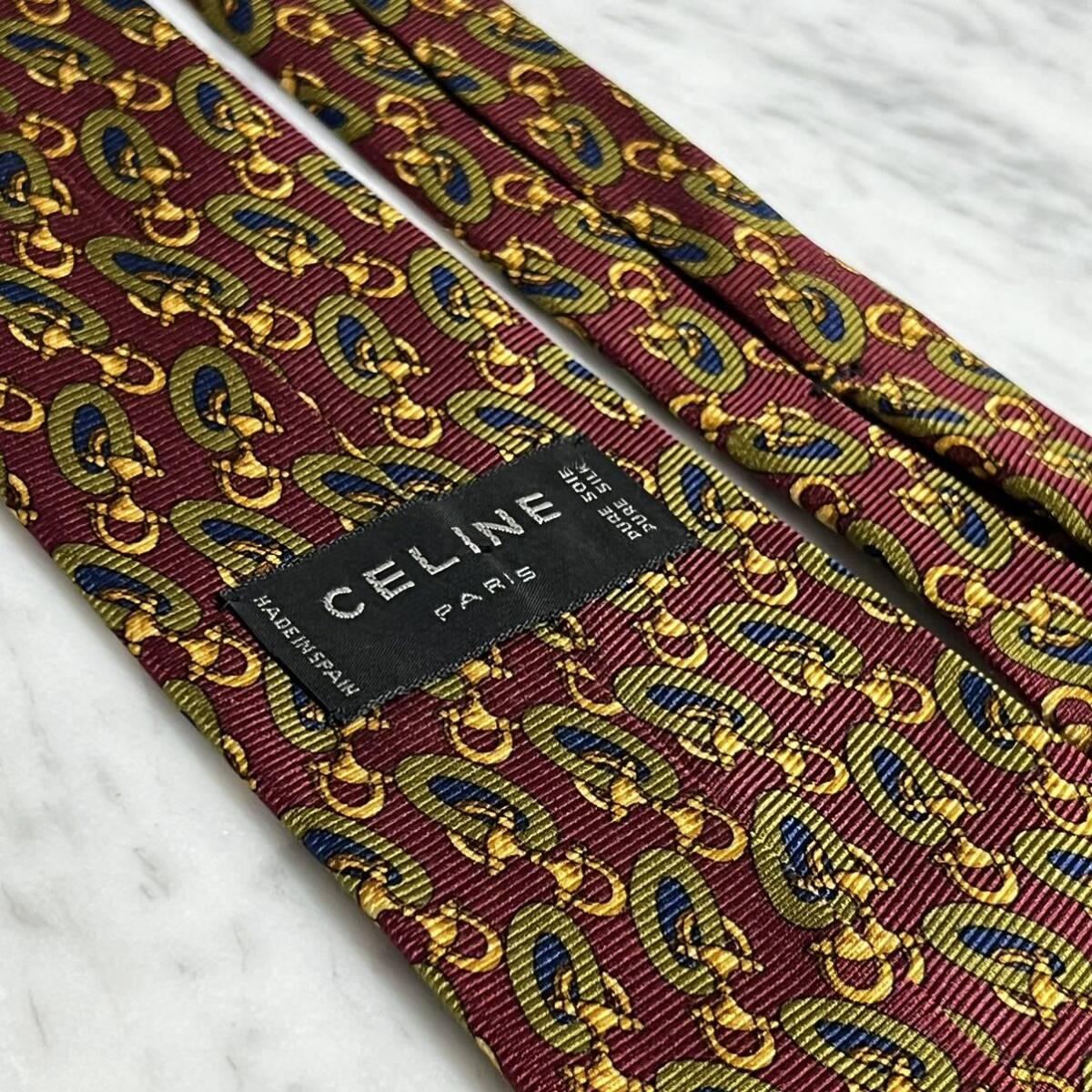 【美品】 999円～ CELINE ネクタイ レッド系 金具 ネイビー カーキ 総柄 (R5)