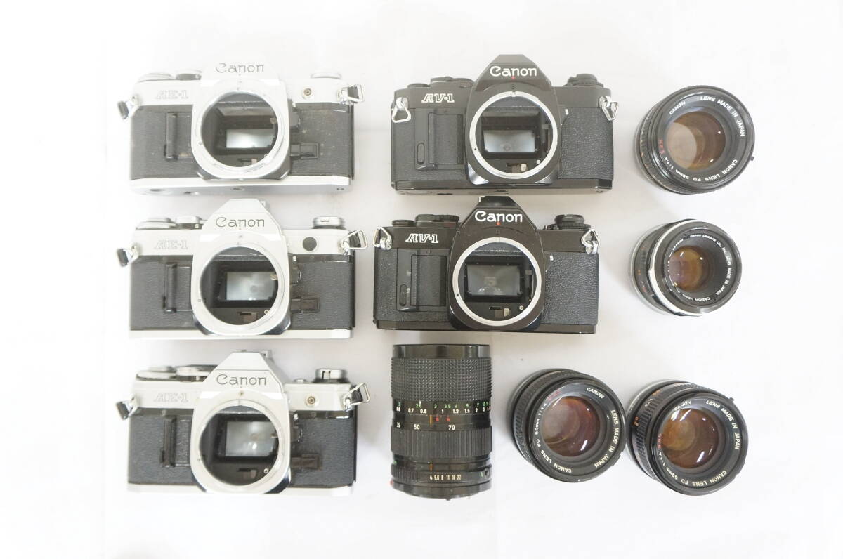 [77] Canon キャノン AE-1 シルバー AV-1 ブラック ボディ フィルムカメラ レンズ 10点 まとめてセット 7009278011