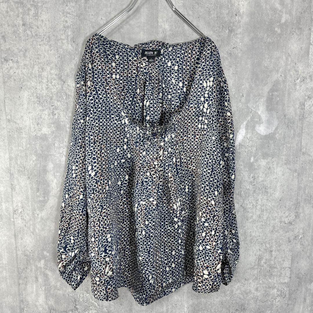 総柄 アレンシュワルツ ALLEN SCHWARTZ Lサイズ シャツ ブラウス チュニック アシンメトリー レディース ネイビー 長袖 NAVY 古着 USED品