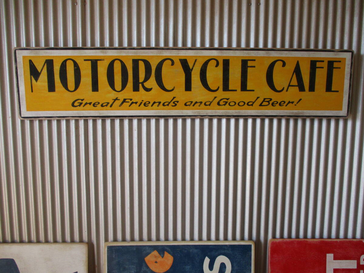 ビンテージサイン木製看板 MOTORCYCLE CAFE検）モーターサイクルカフェバイクショップガレージカスタムハーレーインディアンUSA50s60s70s