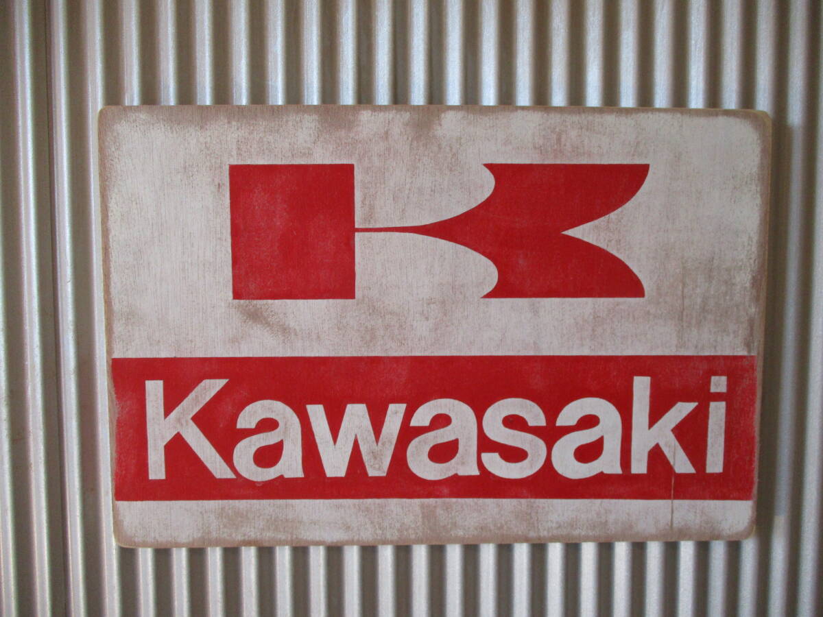 ビンテージサイン木製看板 KAWASAKI MOTORCYCLE検）アドバタイジング企業販促ガレージカスタムHARLEYHONDAYAMAHAUSA60s70s80s
