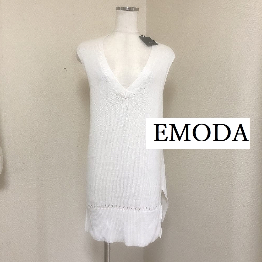 EMODA エモダ レディース ベスト Vネック サマーニット ノースリーブ ニット ロング丈 ホワイト 白無地