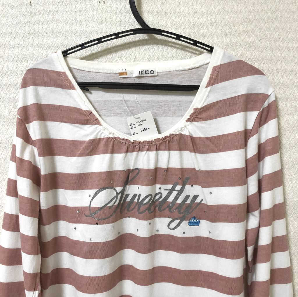 子ども服 女の子 春服 通學(xué)服 IKKA 長袖 ロンT Tシャツ ボーダー カットソー 140 ピンク