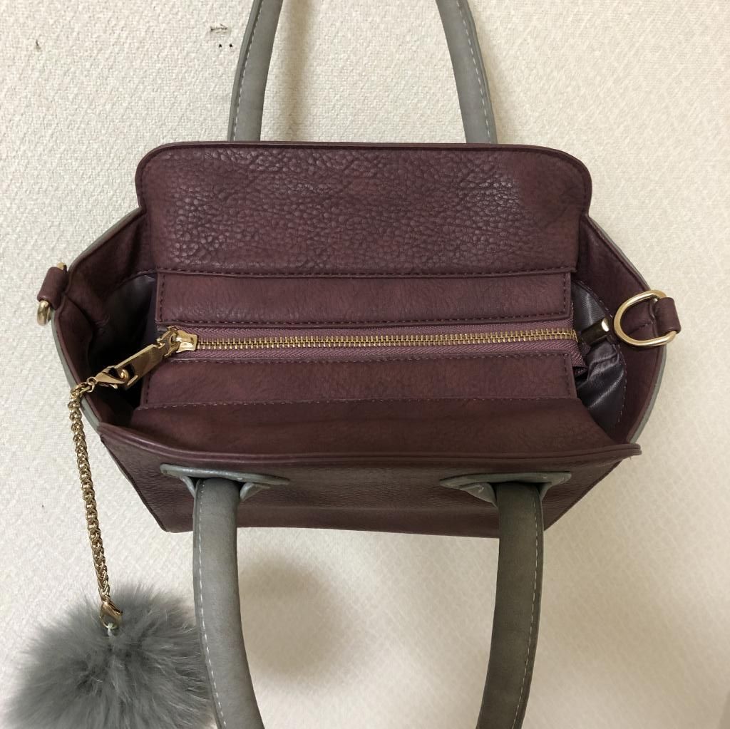 ボンボンファー レディース ハンドバッグ レザー えんじ グレー