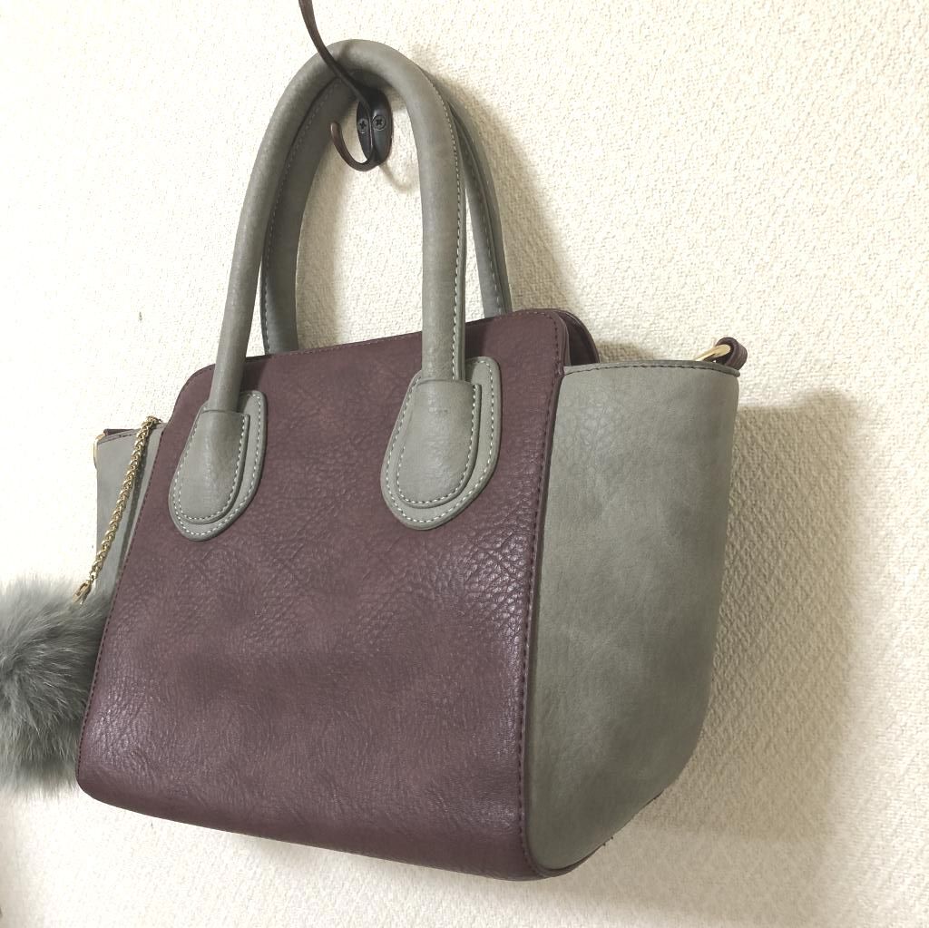 ボンボンファー レディース ハンドバッグ レザー えんじ グレー