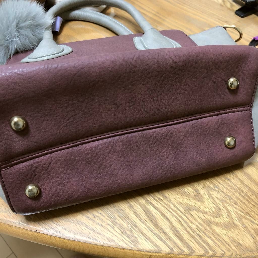 ボンボンファー レディース ハンドバッグ レザー えんじ グレー
