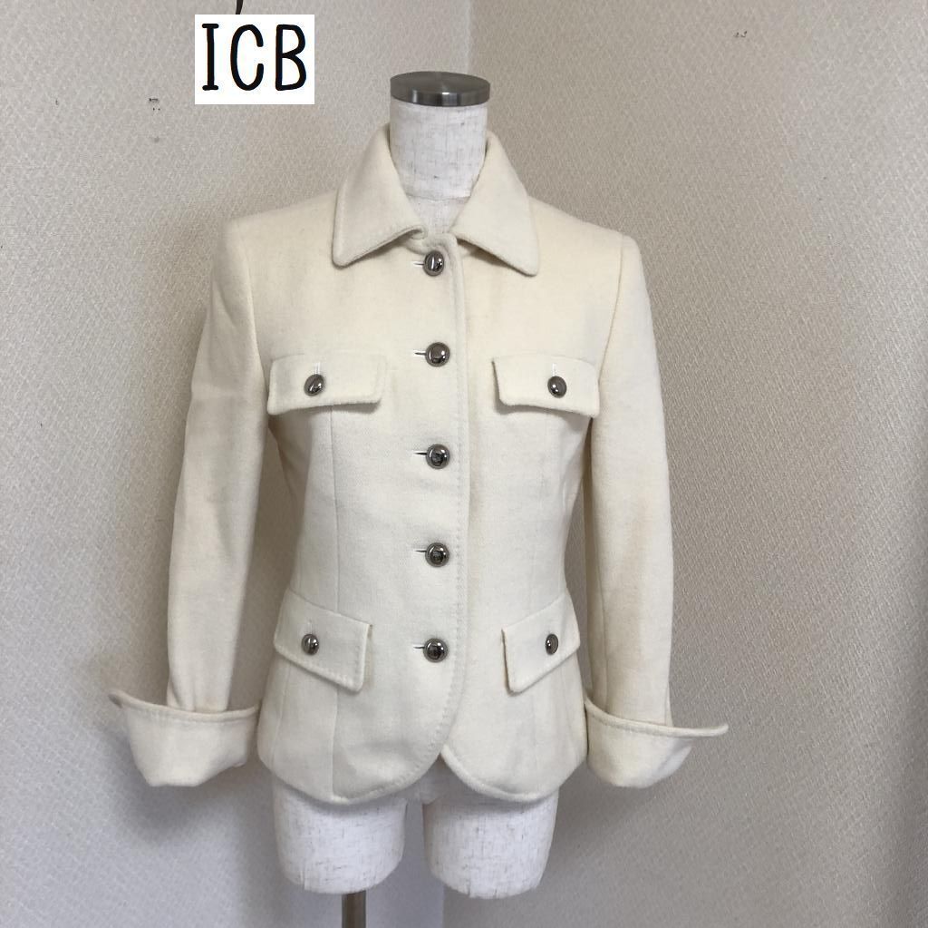 ICB レディース ショートコート アンゴラウール ステンカラー きれいめ アイボリー 7号