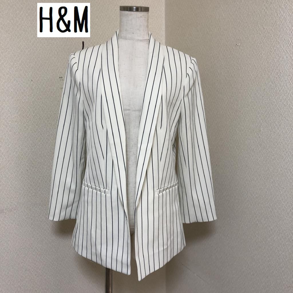 H&M レディース ジャケット オフィス ショールカラー ストライプ 40號(hào) L ホワイト