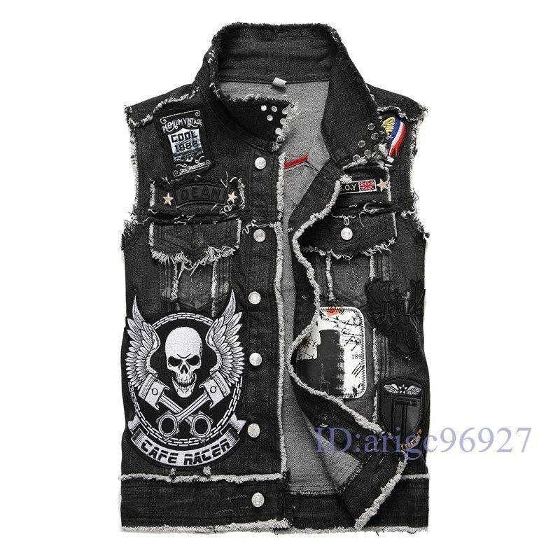 S577☆新品メンズ デニムベスト バイクベストライダース ベスト カジュアル チョッキ デニムジャケット刺繍タンクトップ Gジャンブラック