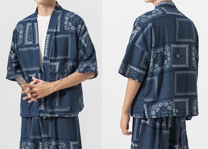 H331* мужской футболка шаровары хлопок лен linen верх и низ выставить кардиган жакет японская одежда перо тканый японский стиль 