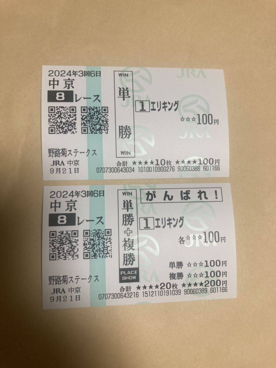 中京 野路菊S エリキング 現地的中単勝馬券＆応援馬券　計2枚
