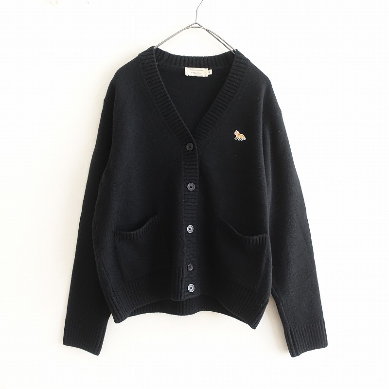 メゾンキツネ MAISON KITSUNE *Vネックウールニットカーディガン*Mブラックキツネワンポイント長袖ポケット(2-2409-31)【72I42】