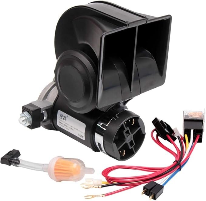 自動車　電動エアホーン　クラクション　 リレーとハーネスを含む 防塵設計 DC12V(12V， 黒い空気ホーン)CC0308