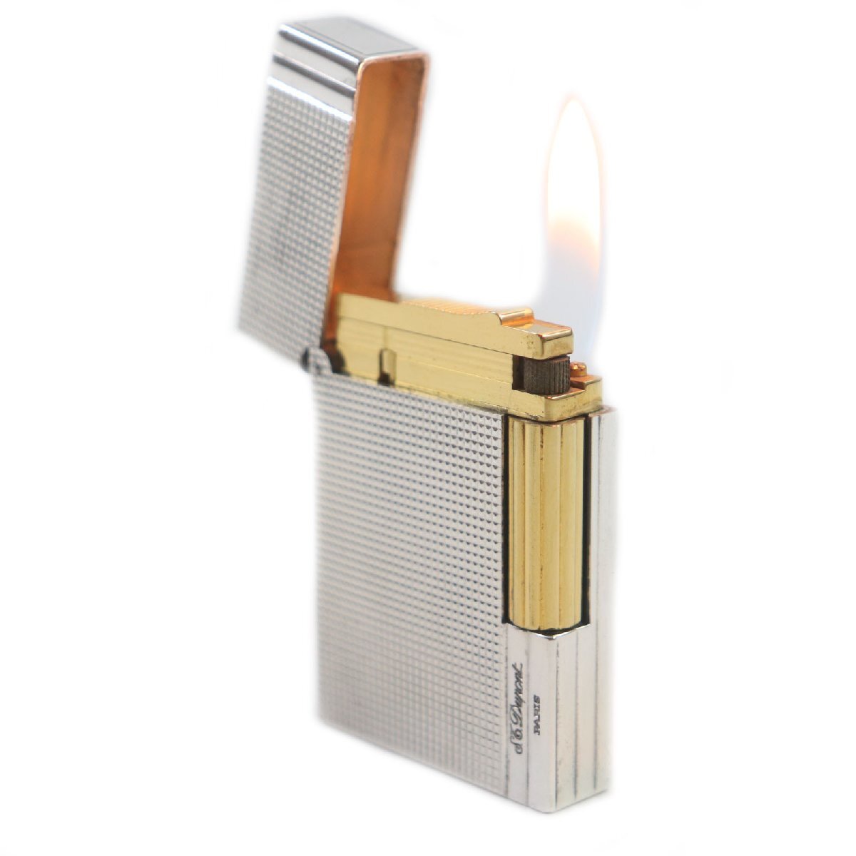 美品▼Dupont デュポン ギャッツビー スクエア ダイヤモンドヘッド ロゴ刻印入り ローラー式 ガスライター シルバー ゴールド 著火確認(rèn)済